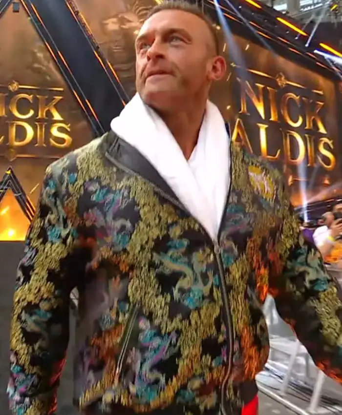 Minnesota SummerSlam 2026 Nick Aldis Black Bomber Jacket with satin fabric and premium embroidered details