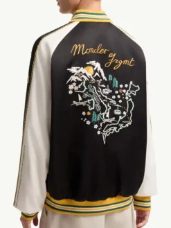 Moncler x Fragment Yūgō Embroidered Souvenir Black And White Satin Varsity Jacket back view