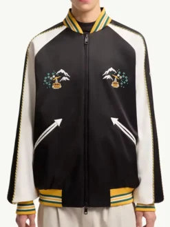 Moncler x Fragment Yūgō Embroidered Souvenir Black And White Satin Varsity Jacket front view