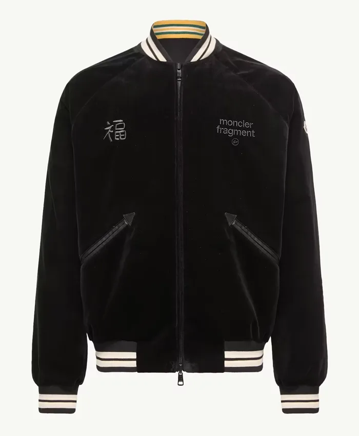 Moncler x Fragment Yūgō Embroidered Souvenir Black Wool Varsity Jacket front view