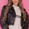 Movie Finding Emily 2026 Premiere Amy Kenyon Black Cropped Biker Leather Jacket front view