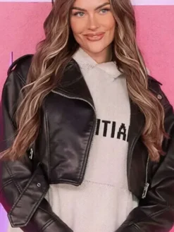 Movie Finding Emily 2026 Premiere Amy Kenyon Black Cropped Biker Leather Jacket front view