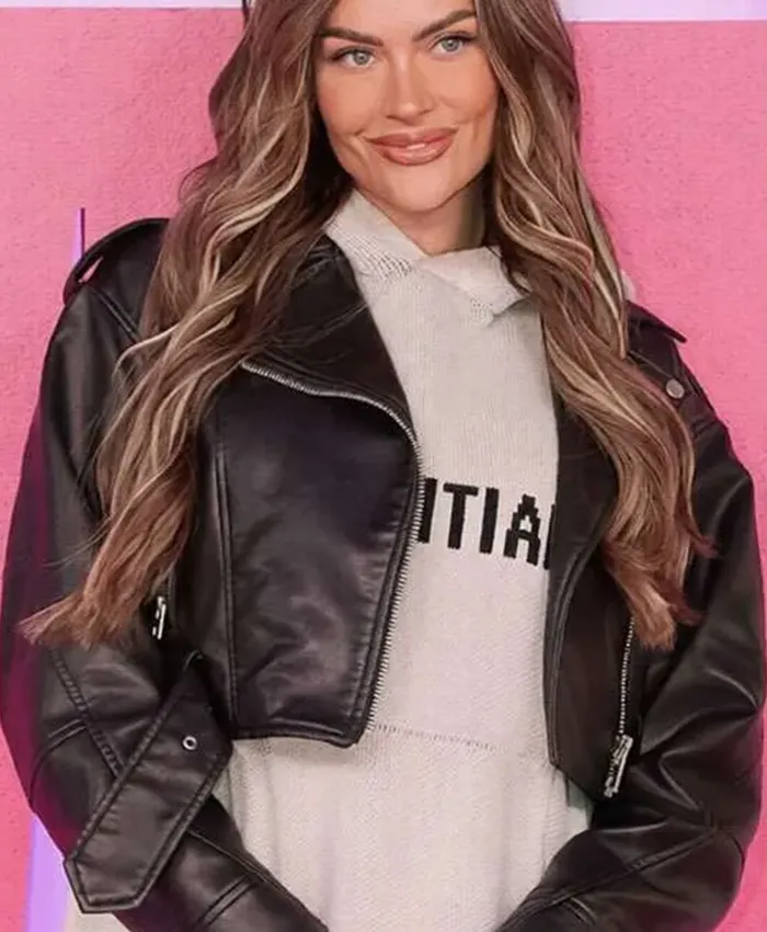 Movie Finding Emily 2026 Premiere Amy Kenyon Black Cropped Biker Leather Jacket front view