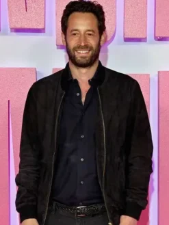 Movie Finding Emily 2026 Screening Olivier Kaempfer Black Suede Leather Bomber Jacket front view