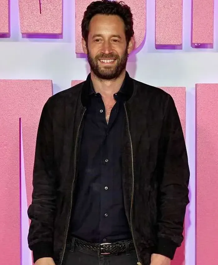 Movie Finding Emily 2026 Screening Olivier Kaempfer Black Suede Leather Bomber Jacket front view