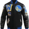 NBA Basketball Team Golden State Warriors Black And Blue Varsity Jacket front view