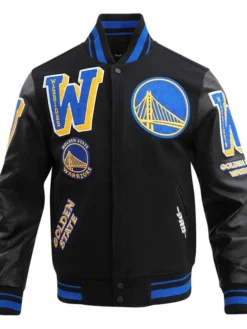 NBA Basketball Team Golden State Warriors Black And Blue Varsity Jacket front view