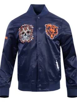 NFL Chicago Bears Navy Dia De Muertos Eternal Skull Satin Jacket front view
