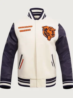 NFL Chicago Bears Retro Classic Rib Wool Cream And Blue Varsity Jacket front view