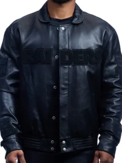 NFL Las Vegas Raiders Jeff Hamilton Black Lambskin Leather Tonal Varsity Jacket front view