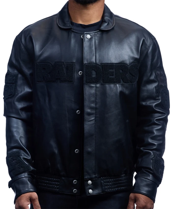 NFL Las Vegas Raiders Jeff Hamilton Black Lambskin Leather Tonal Varsity Jacket front view
