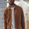 NFL Malik Nabers x Abercrombie Brown Suede Leather Jacket front view