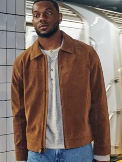 NFL Malik Nabers x Abercrombie Brown Suede Leather Jacket front view