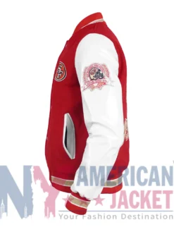 NFL San Francisco 49ers Red and White Jacket with wool body, leather sleeves, and full-length design