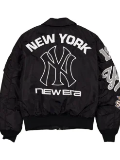 New York Yankees New Era x Alpha Industries Black Satin MA-1 Flight Jacket back view