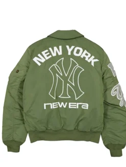 New York Yankees New Era x Alpha Industries Green Satin MA-1 Flight Jacket back view