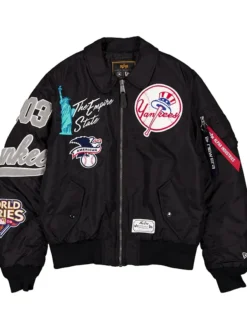 New York Yankees New Era x Alpha Industries Satin Black MA-1 Flight Jacket front view