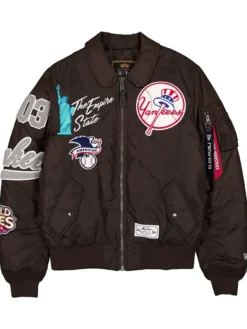 New York Yankees New Era x Alpha Industries Satin Brown MA-1 Flight Jacket front view