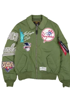 New York Yankees New Era x Alpha Industries Satin Green MA-1 Flight Jacket front view