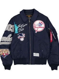 New York Yankees New Era x Alpha Industries Satin Navy MA-1 Flight Jacket front view