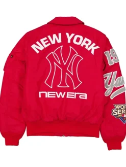 New York Yankees New Era x Alpha Industries Scarlet Red Satin MA-1 Flight Jacket back view