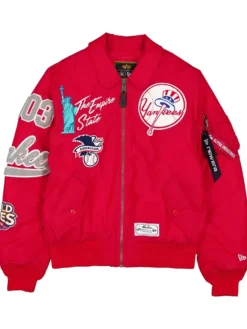 New York Yankees New Era x Alpha Industries Scarlet Satin Red MA-1 Flight Jacket front view