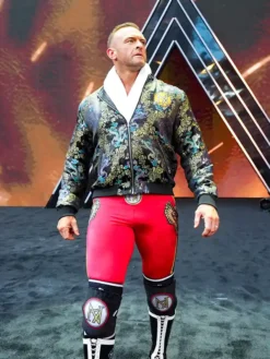 Nick Aldis Black Satin Bomber Jacket featuring floral embroidery and YKK zipper closure