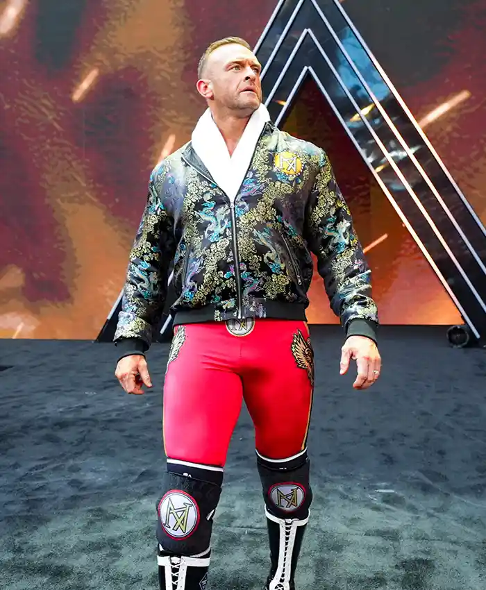 Nick Aldis Black Satin Bomber Jacket featuring floral embroidery and YKK zipper closure