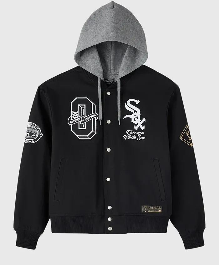 OVO x MLB Chicago White Sox Black Insulated Twill Bomber Jacket front view
