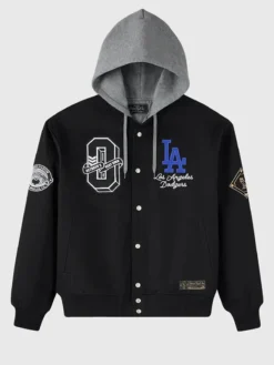 OVO x MLB Los Angeles Dodgers Black Insulated Twill Bomber Jacket front view