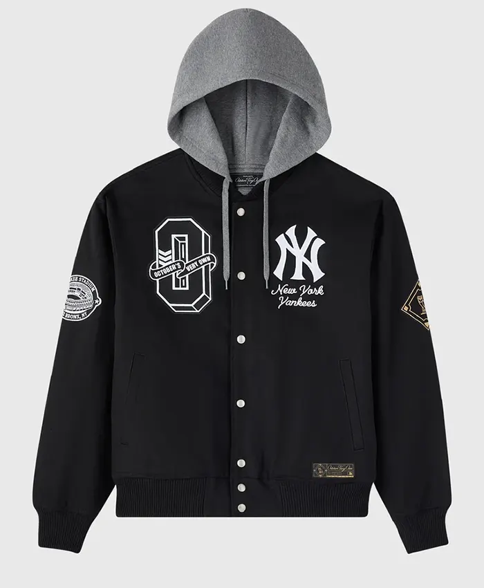 OVO x MLB New York Yankees Black Insulated Twill Bomber Jacket front view