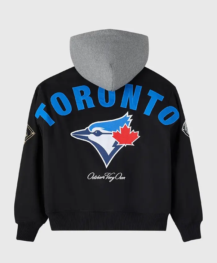 OVO x MLB Toronto Blue Jays Black Insulated Cotton Twill Bomber Jacket back view