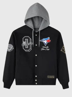 OVO x MLB Toronto Blue Jays Black Insulated Twill Bomber Jacket front view