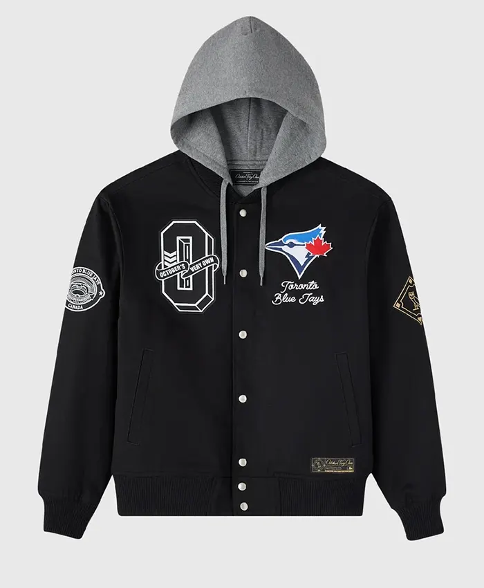 OVO x MLB Toronto Blue Jays Black Insulated Twill Bomber Jacket front view