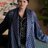 Only Murders In The Building Selena Gomez Silk Purple And Blue Polka Coat front view