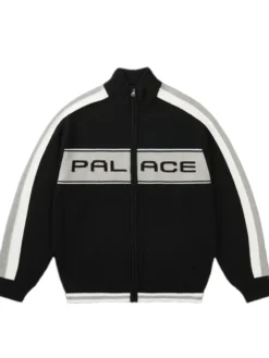 Order Now Palace Easy Funnel Knit Black Fleece Bomber Jacket front view
