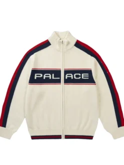 Order Now Palace Easy Funnel Knit White Fleece Bomber Jacket front view