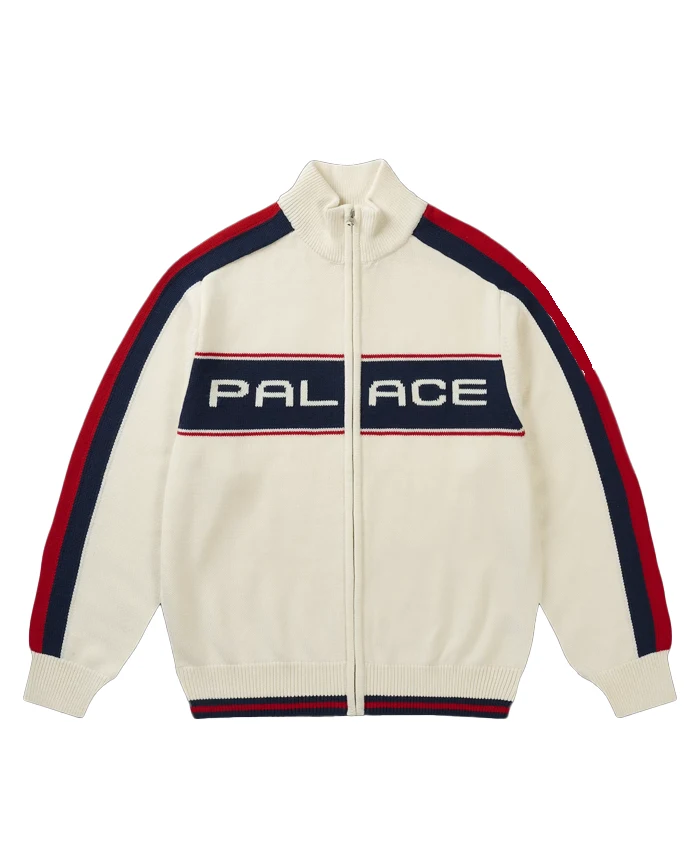 Order Now Palace Easy Funnel Knit White Fleece Bomber Jacket front view