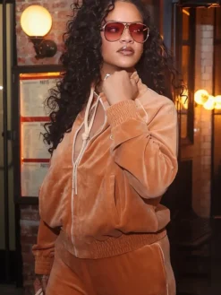 Order Now Rihanna New York City Chloé Caramel Velvet Tracksuit front view