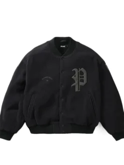 Palace Polartec Legacy Embroidered Black Wool Varsity Jacket front view