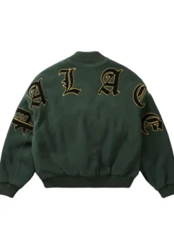 Palace Polartec Legacy Embroidered Racey Green Wool Varsity Jacket back view