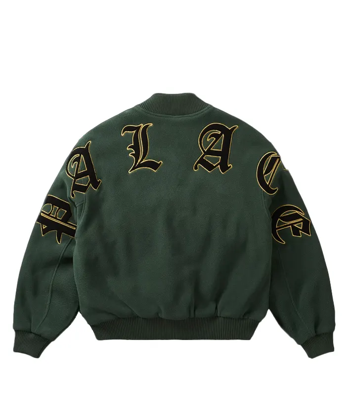Palace Polartec Legacy Embroidered Racey Green Wool Varsity Jacket back view