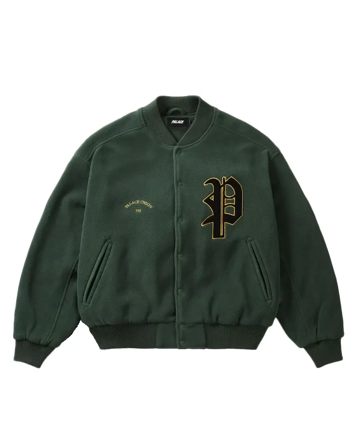 Palace Polartec Legacy Embroidered Wool Racey Green Varsity Jacket front view