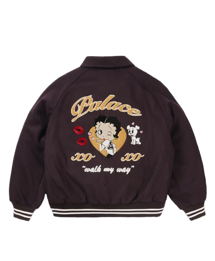 Palace x Betty Boop Xo Xo Walk My Way Brown Wool Varsity Jacket back view