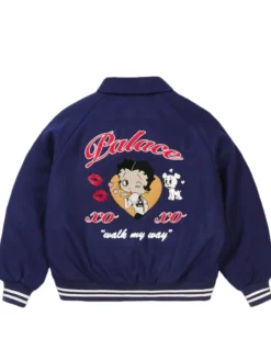 Palace x Betty Boop Xo Xo Walk My Way Navy Blue Wool Varsity Jacket back view