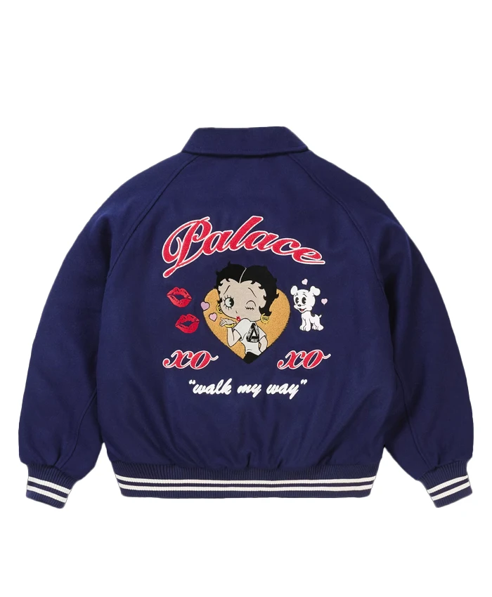 Palace x Betty Boop Xo Xo Walk My Way Navy Blue Wool Varsity Jacket back view