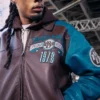Pelle Pelle Fall 2026 True To Our Roots Brown And Teal Bomber Leather Jacket front view