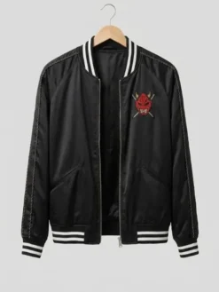 Pete Davidson Tommy Karate Tommy Pitera Halloween Black Satin Okinawa Bomber Jacket front view