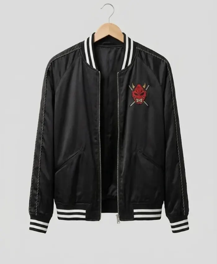 Pete Davidson Tommy Karate Tommy Pitera Halloween Black Satin Okinawa Bomber Jacket front view