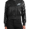 Philadelphia Eagles Show Time Sequin Crop Black Satin Jacket For WOmen
